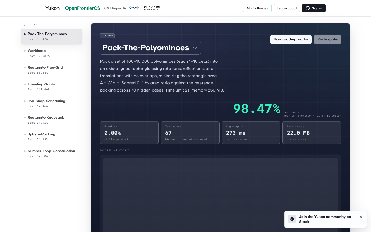 OpenFrontierCS benchmark platform showing open-ended computer science challenges
